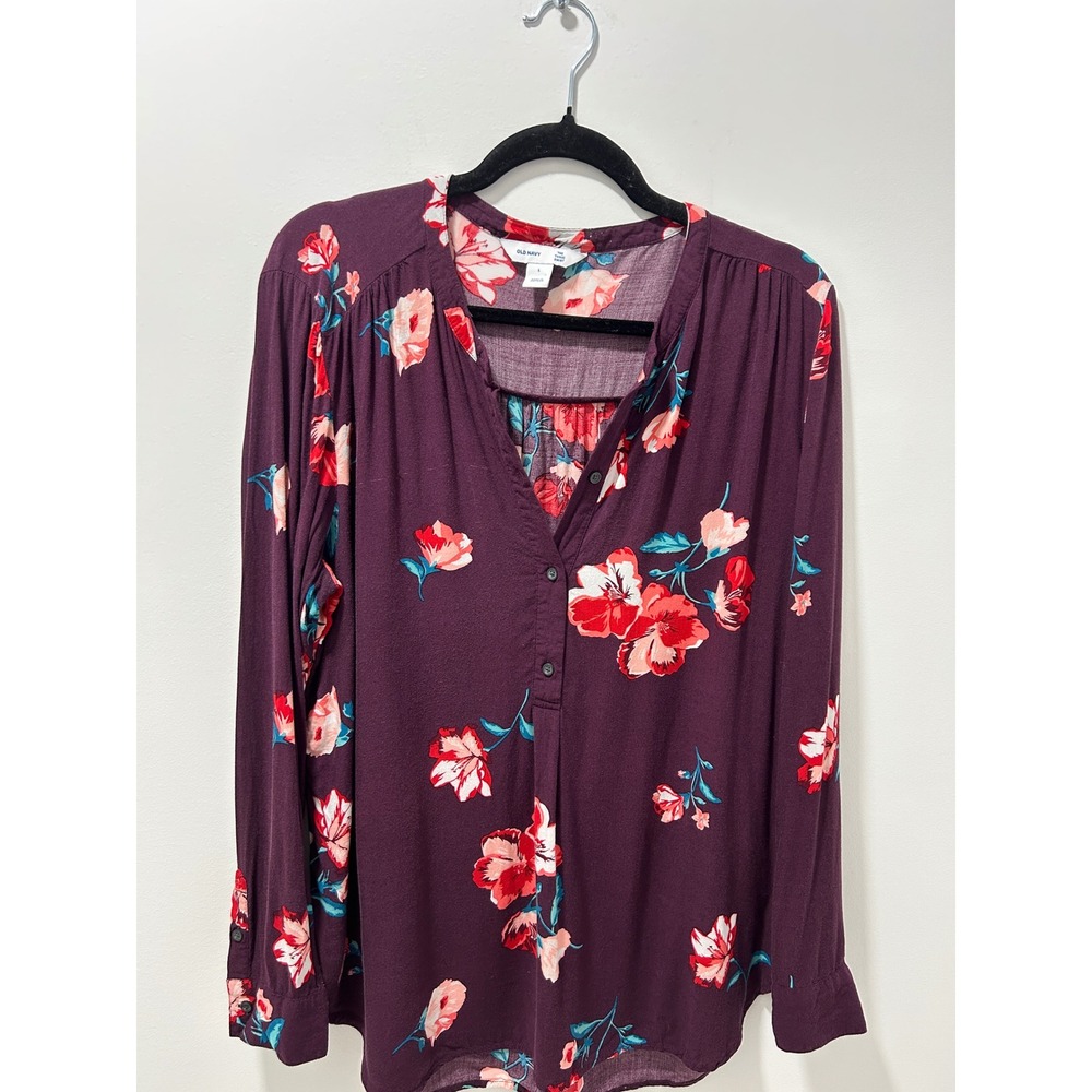 Old Navy Tunic Shirt Womens Large Plum Purple Floral Henley Long Sleeve Blouse